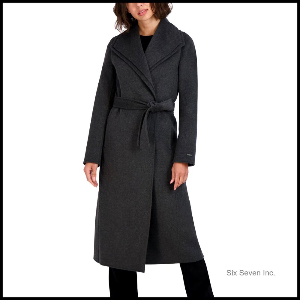 Wool Blend Wrap Coat with Tie Belt Slim Fit Long